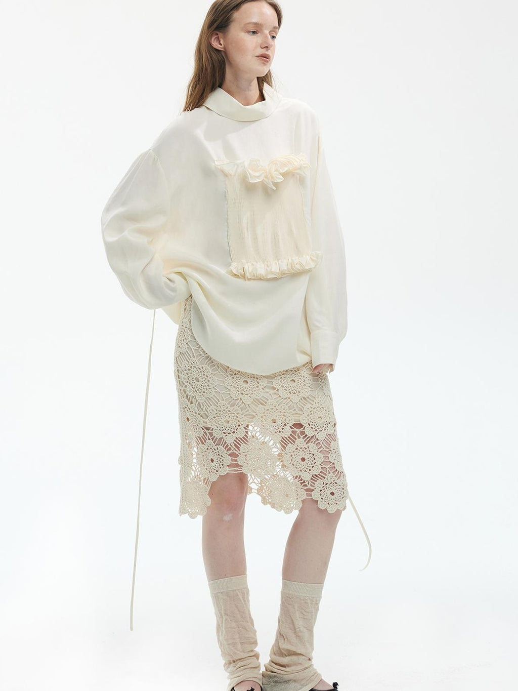 ENDO PER SE Gothic Lace Stand Collar Smocked Long Sleeve Lyocell Linen Women's Blouses