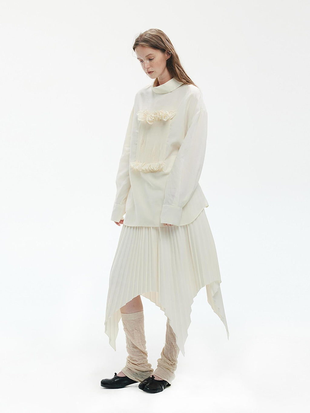 ENDO PER SE Gothic Lace Stand Collar Smocked Long Sleeve Lyocell Linen Women's Blouses