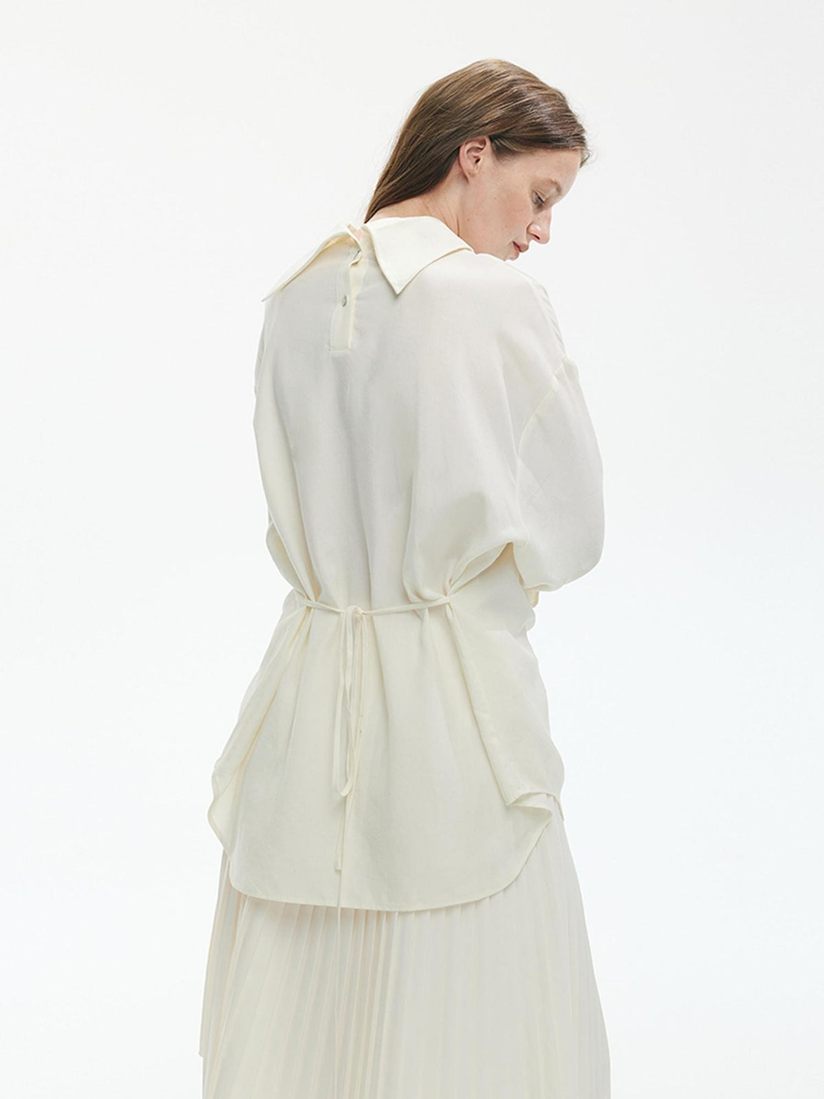 ENDO PER SE Gothic Lace Stand Collar Smocked Long Sleeve Lyocell Linen Women's Blouses