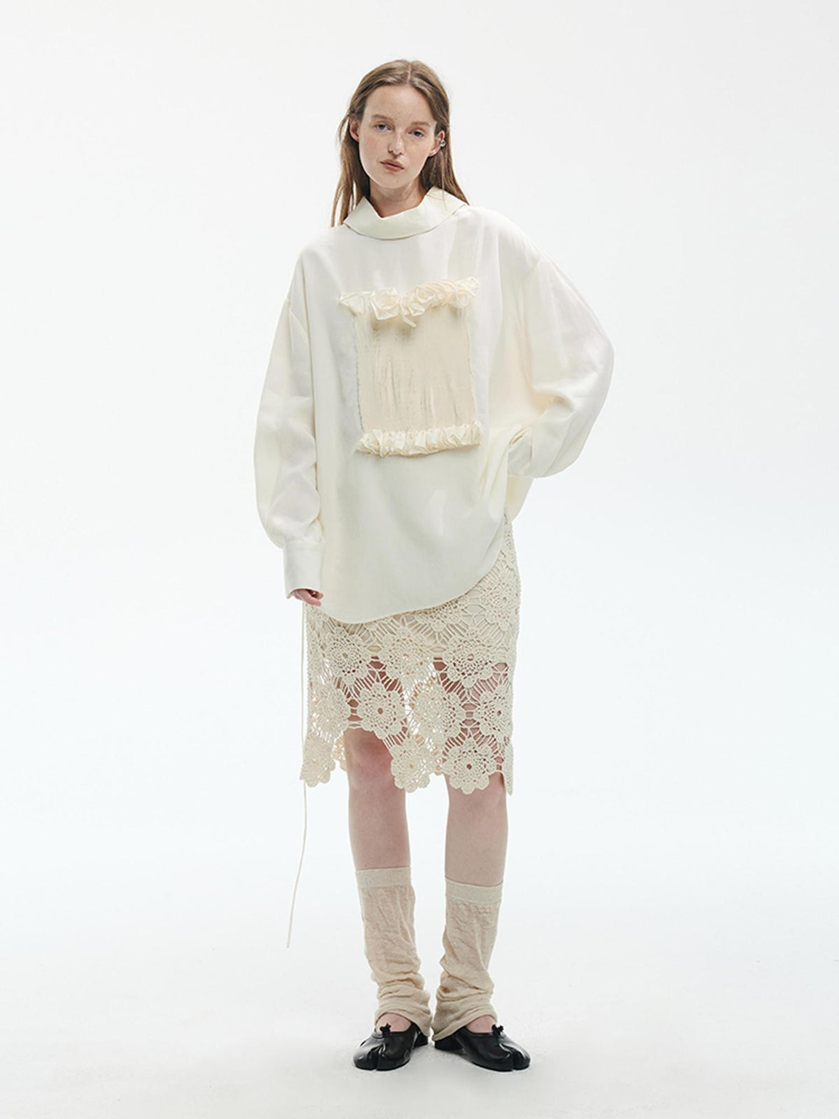 ENDO PER SE Gothic Lace Stand Collar Smocked Long Sleeve Lyocell Linen Women's Blouses