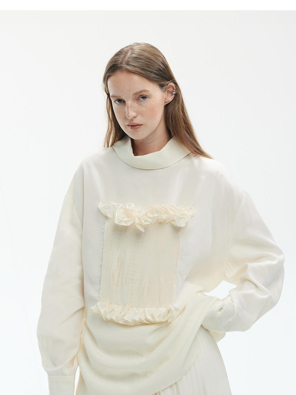 ENDO PER SE Gothic Lace Stand Collar Smocked Long Sleeve Lyocell Linen Women's Blouses