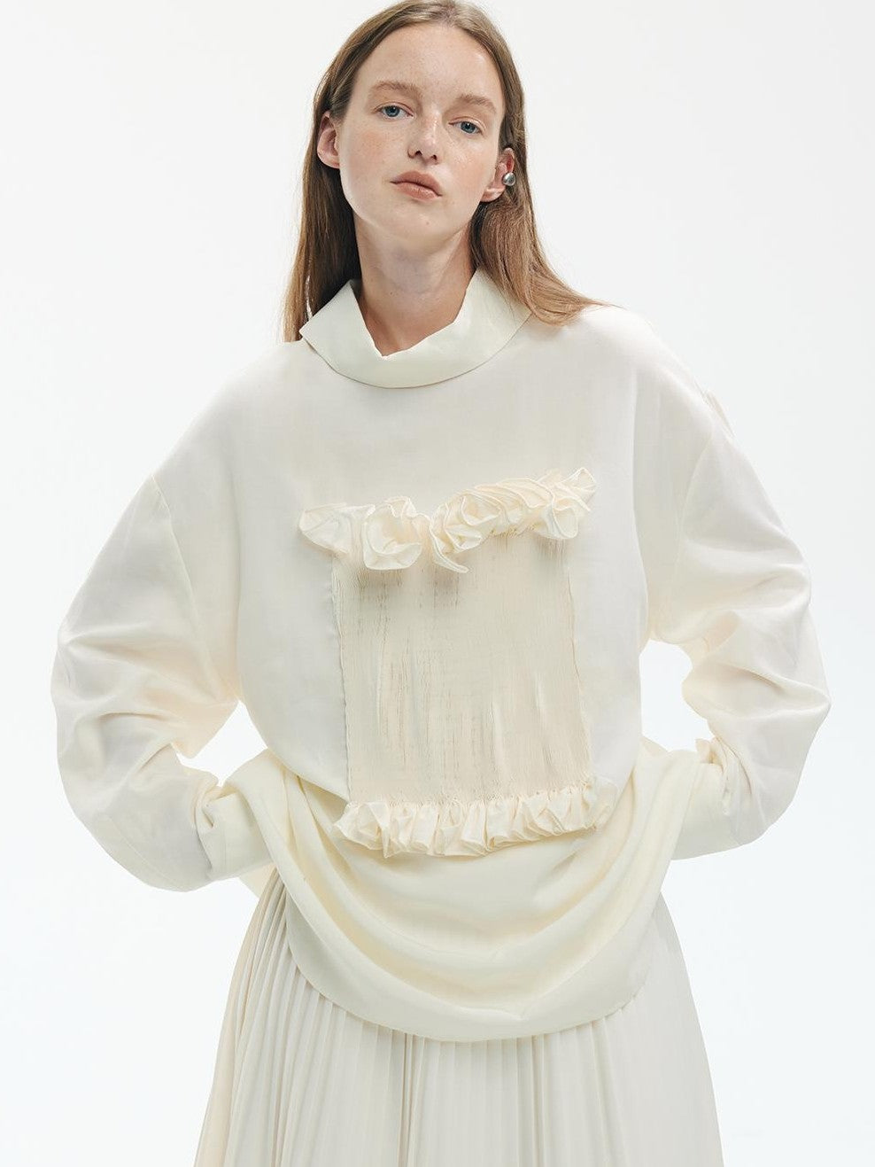 ENDO PER SE Gothic Lace Stand Collar Smocked Long Sleeve Lyocell Linen Women's Blouses