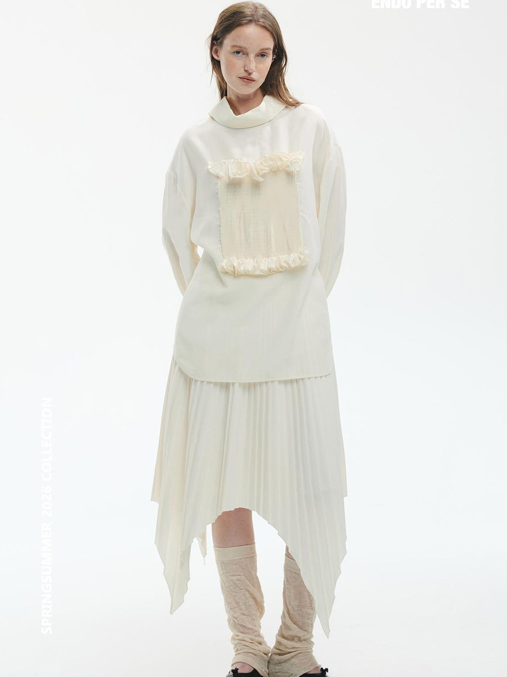 ENDO PER SE Gothic Lace Stand Collar Smocked Long Sleeve Lyocell Linen Women's Blouses
