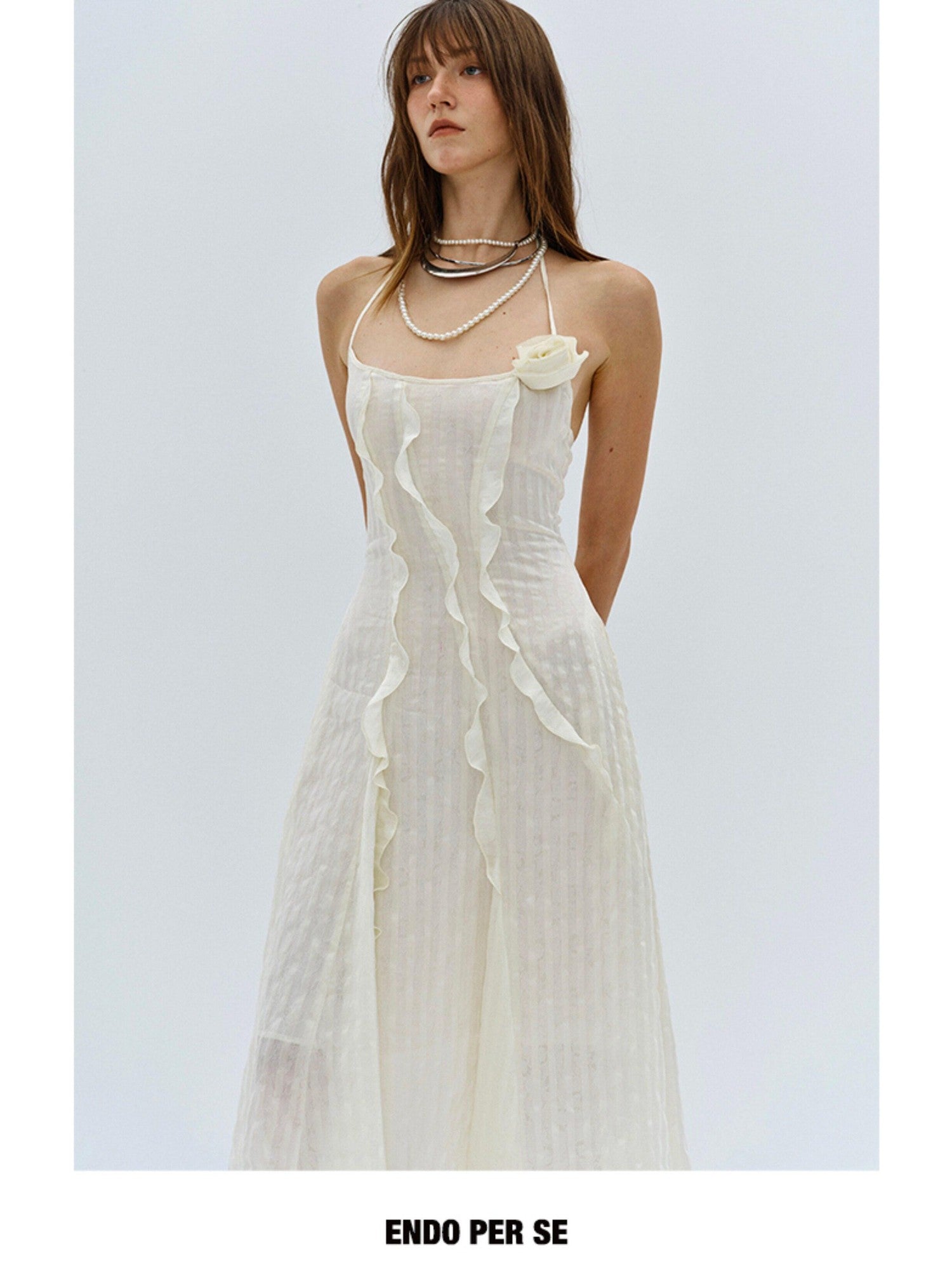 ENDO PER SE Halter Neck Ruffled Split Women's Silk Blend Slip Maxi Dresses