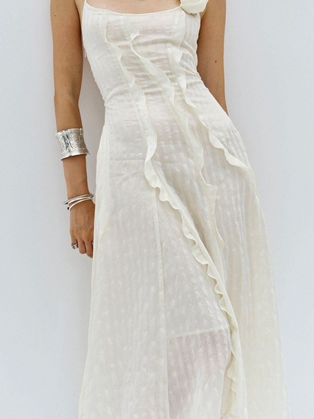 ENDO PER SE Halter Neck Ruffled Split Women's Silk Blend Slip Maxi Dresses
