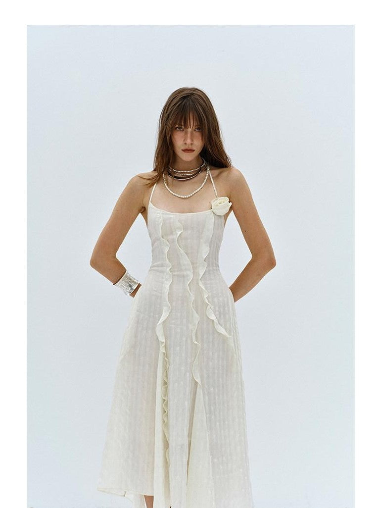 ENDO PER SE Halter Neck Ruffled Split Women's Silk Blend Slip Maxi Dresses