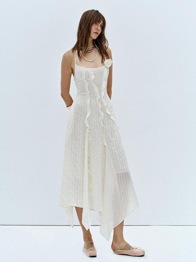 ENDO PER SE Halter Neck Ruffled Split Women's Silk Blend Slip Maxi Dresses