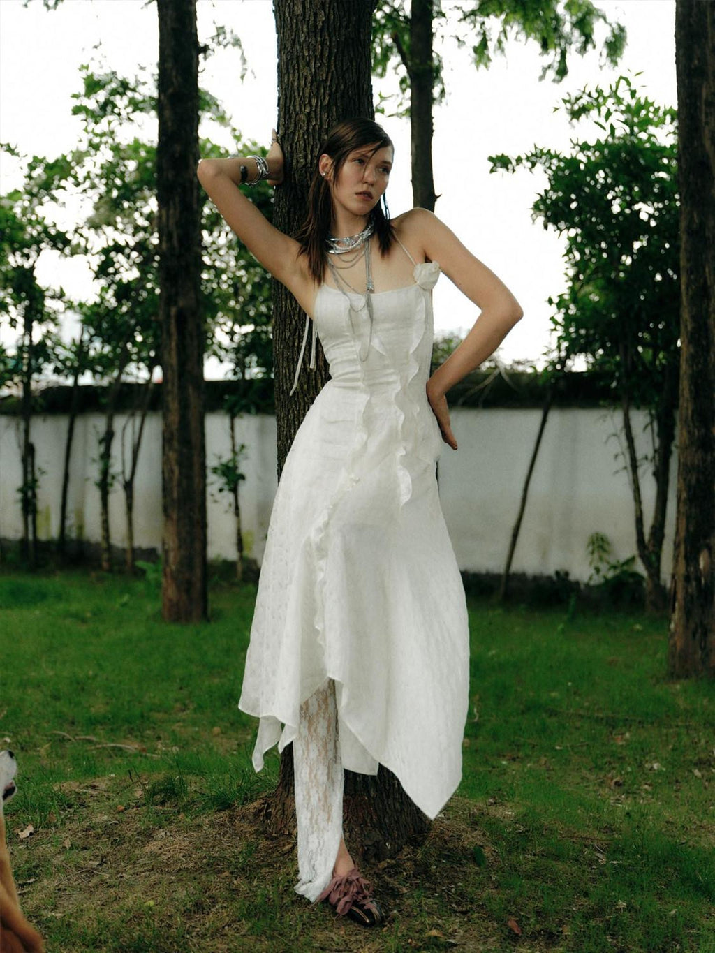 ENDO PER SE Halter Neck Ruffled Split Women's Silk Blend Slip Maxi Dresses