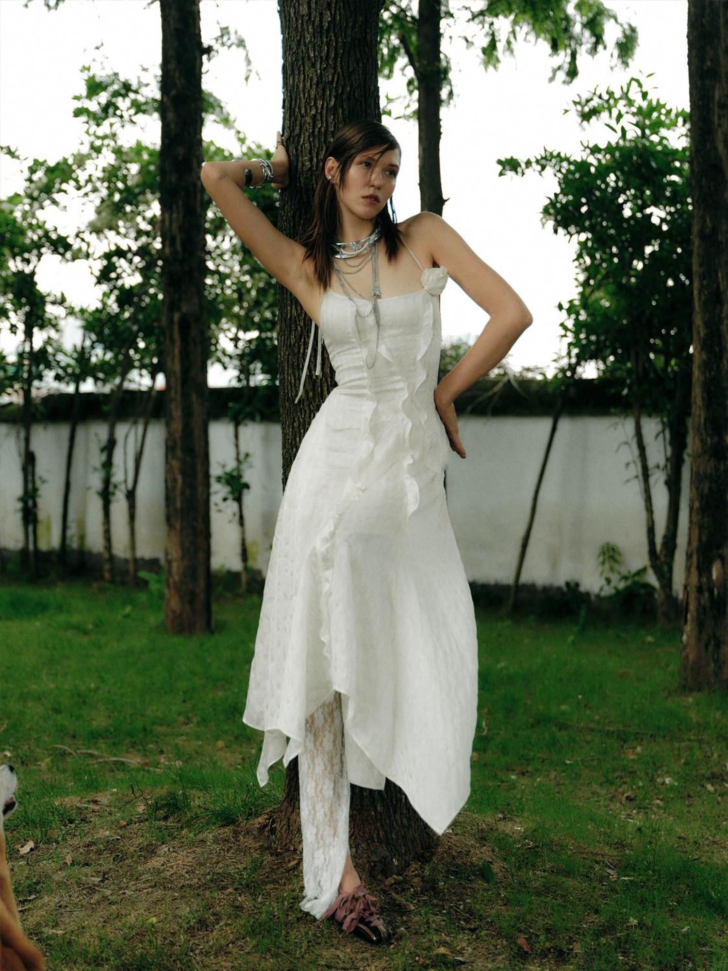 ENDO PER SE Halter Neck Ruffled Split Women's Silk Blend Slip Maxi Dresses