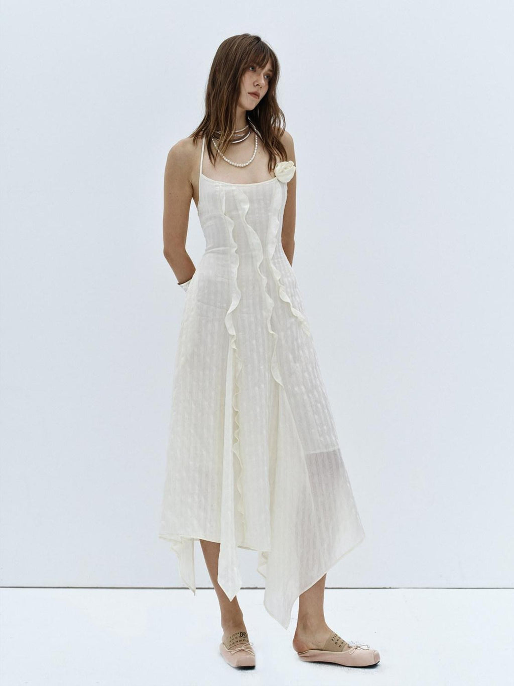 ENDO PER SE Halter Neck Ruffled Split Women's Silk Blend Slip Maxi Dresses