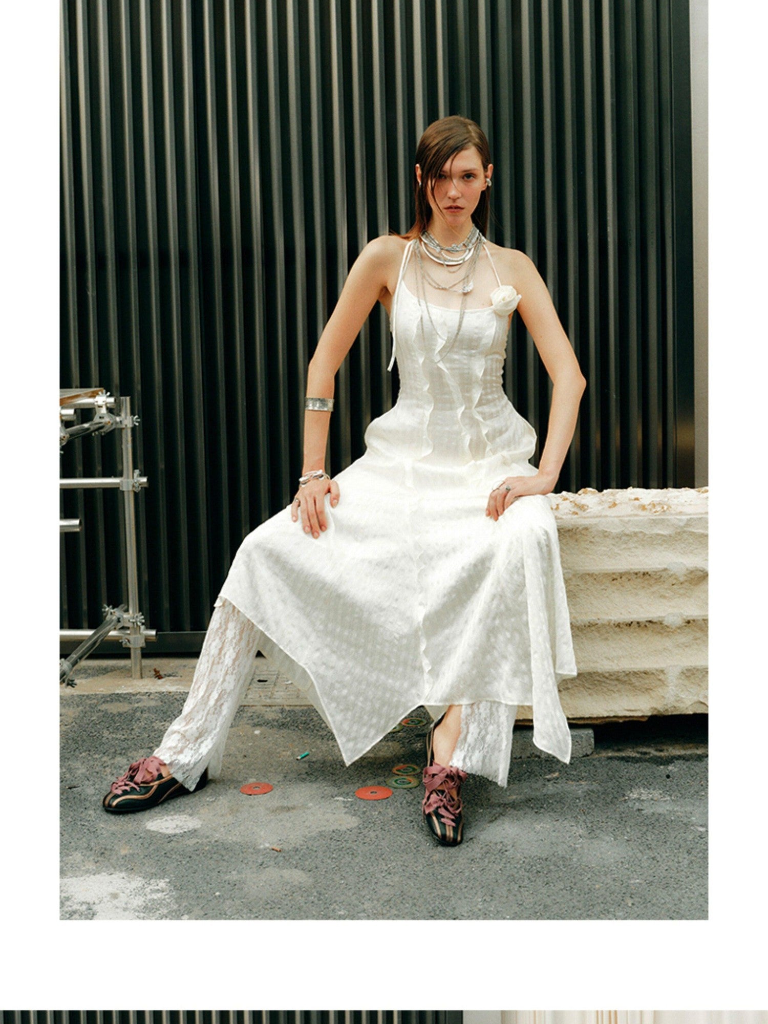 ENDO PER SE Halter Neck Ruffled Split Women's Silk Blend Slip Maxi Dresses