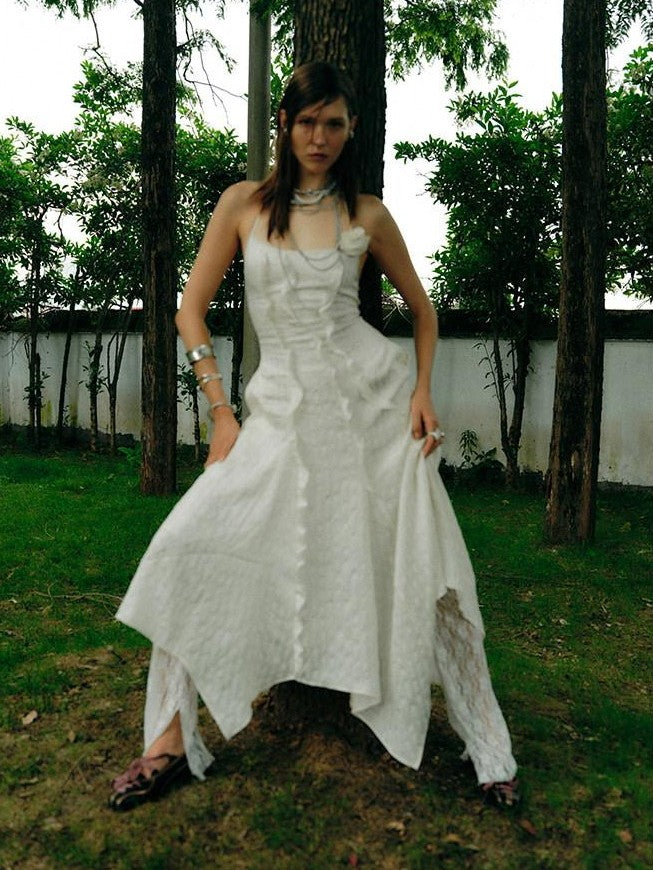 ENDO PER SE Halter Neck Ruffled Split Women's Silk Blend Slip Maxi Dresses
