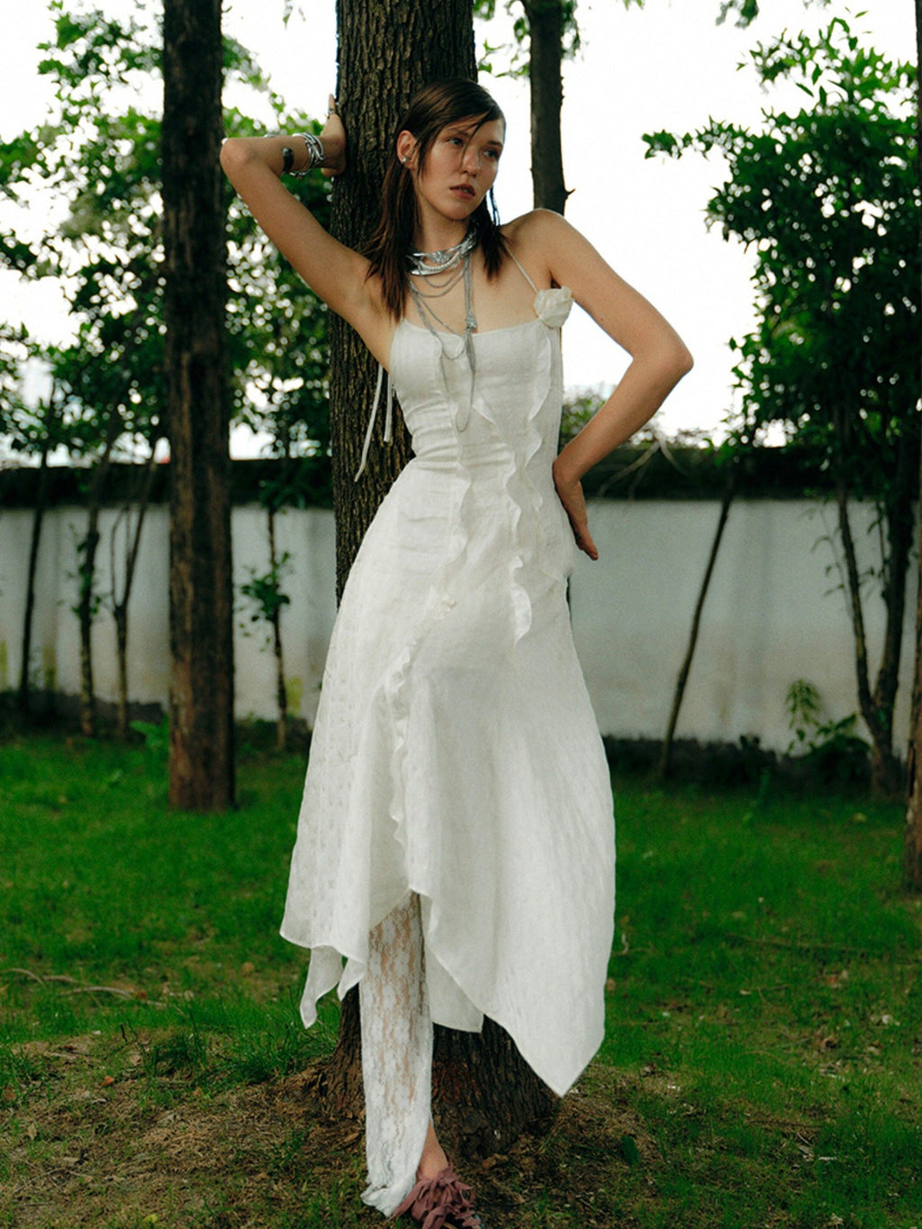 ENDO PER SE Halter Neck Ruffled Split Women's Silk Blend Slip Maxi Dresses