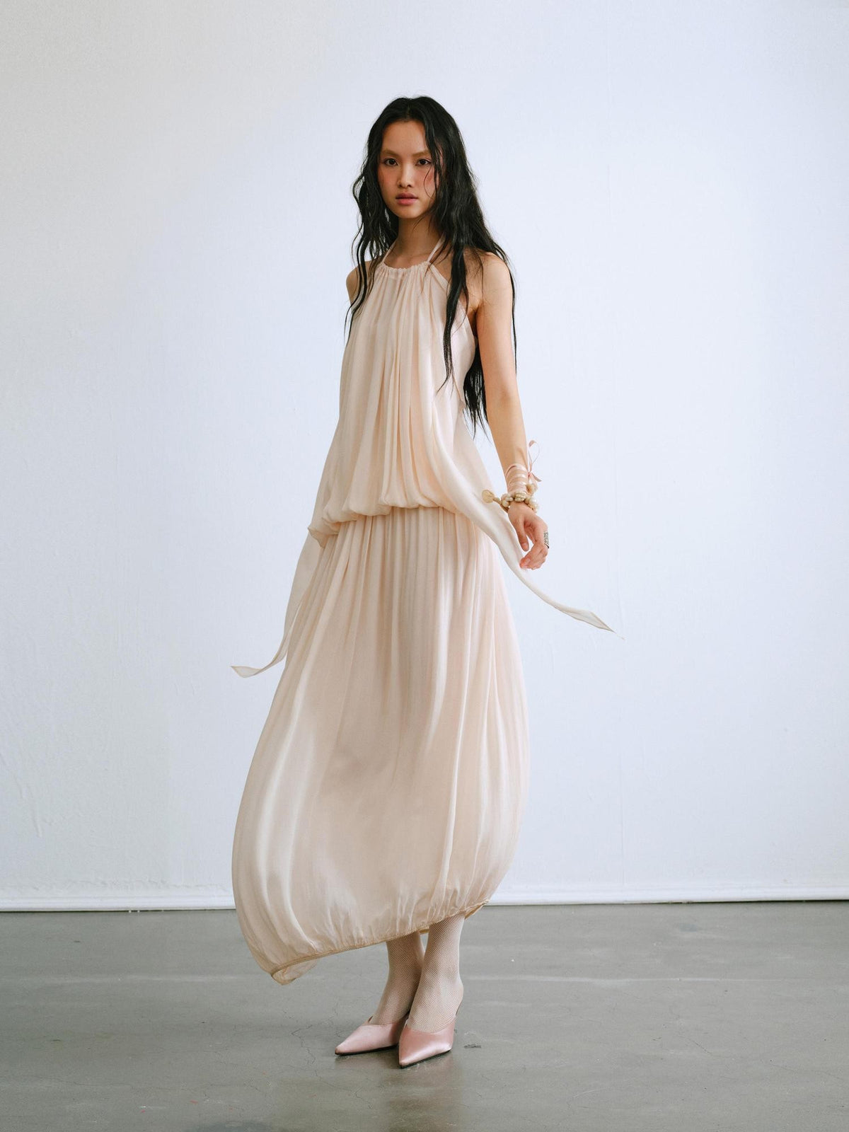 ENDO PER SE Halter Twisted Pleated Layered Flowy Women's Slip Maxi Dresses