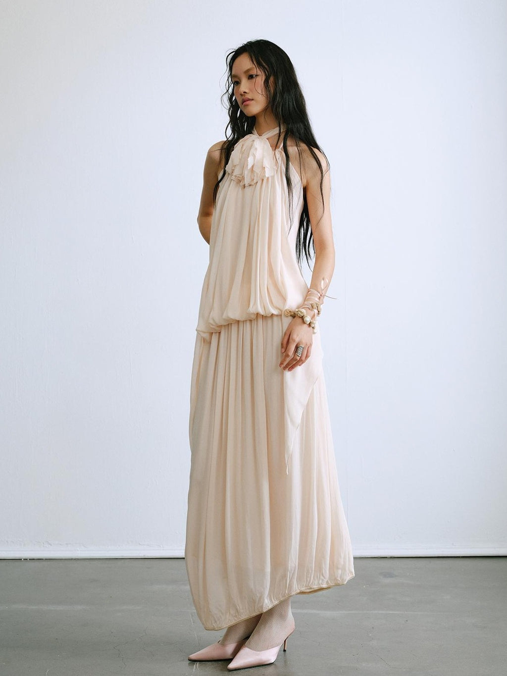 ENDO PER SE Halter Twisted Pleated Layered Flowy Women's Slip Maxi Dresses