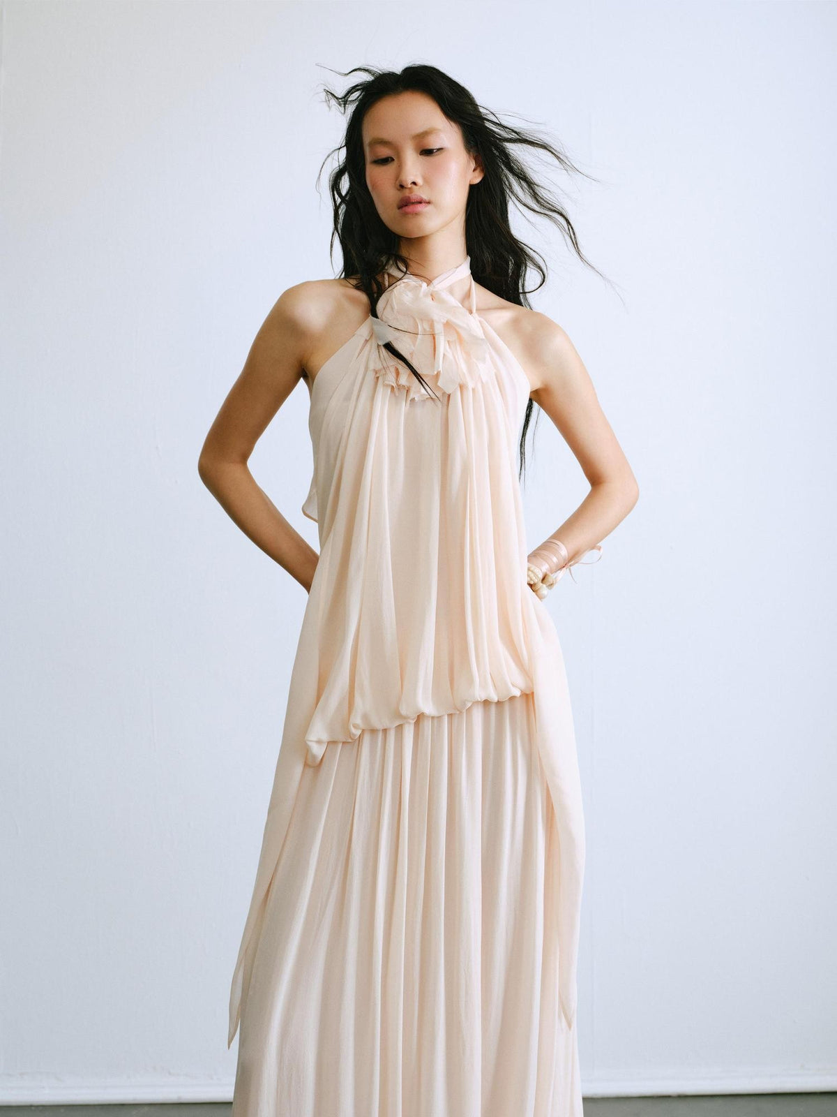 ENDO PER SE Halter Twisted Pleated Layered Flowy Women's Slip Maxi Dresses