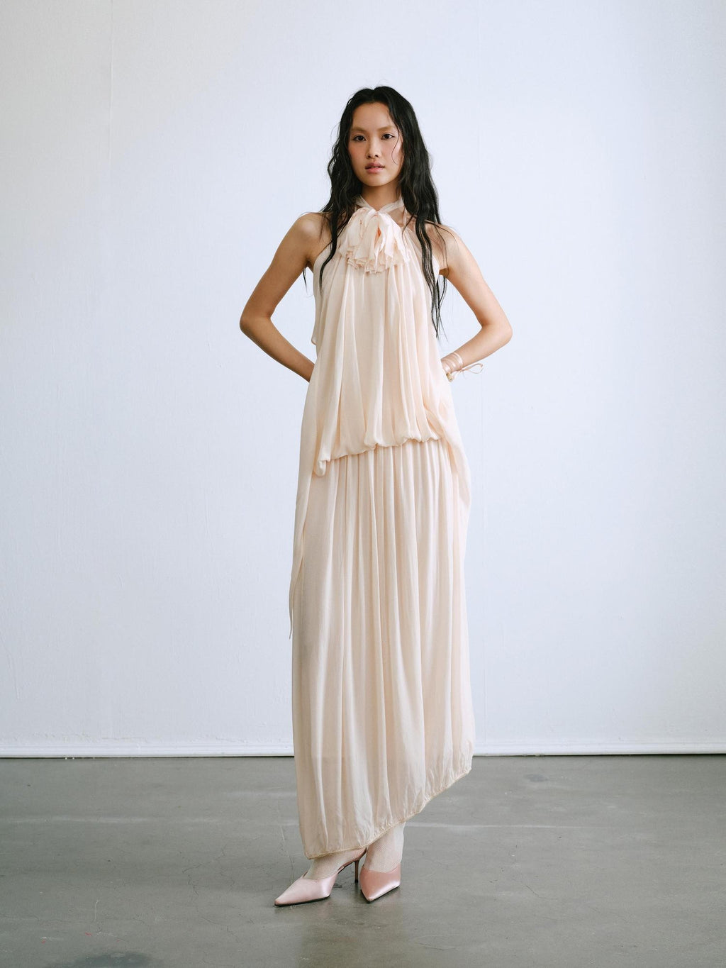 ENDO PER SE Halter Twisted Pleated Layered Flowy Women's Slip Maxi Dresses