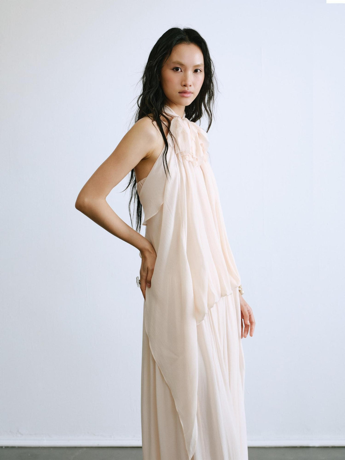 ENDO PER SE Halter Twisted Pleated Layered Flowy Women's Slip Maxi Dresses
