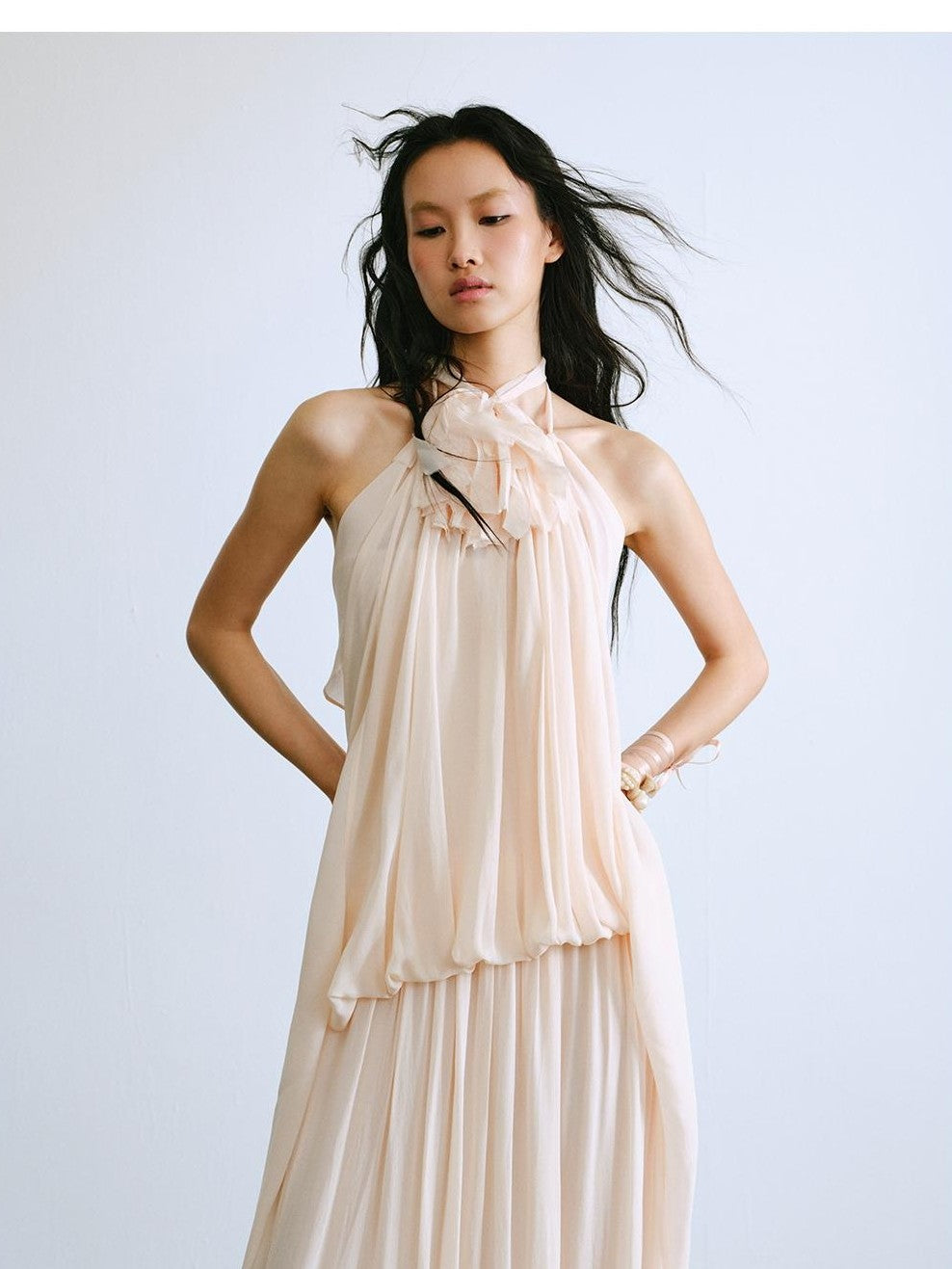 ENDO PER SE Halter Twisted Pleated Layered Flowy Women's Slip Maxi Dresses