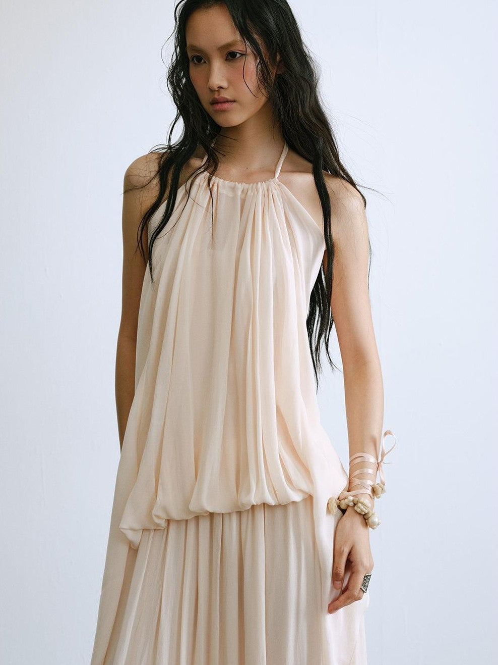 ENDO PER SE Halter Twisted Pleated Layered Flowy Women's Slip Maxi Dresses
