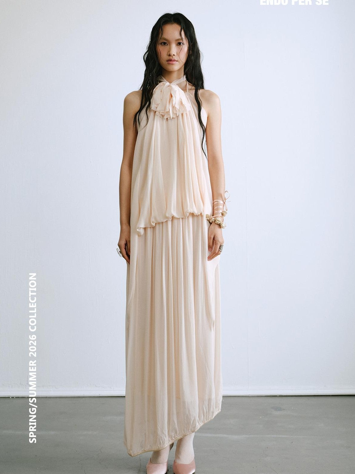 ENDO PER SE Halter Twisted Pleated Layered Flowy Women's Slip Maxi Dresses