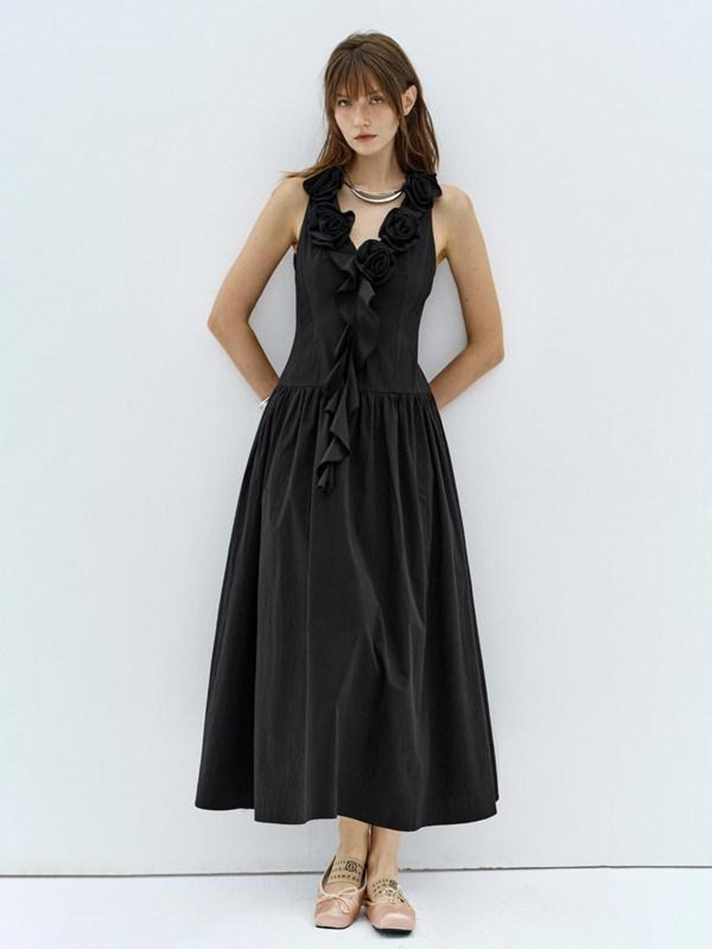 ENDO PER SE Handmade Floral Embroidered Women's Cotton V-neck A Line Slip Maxi Dresses