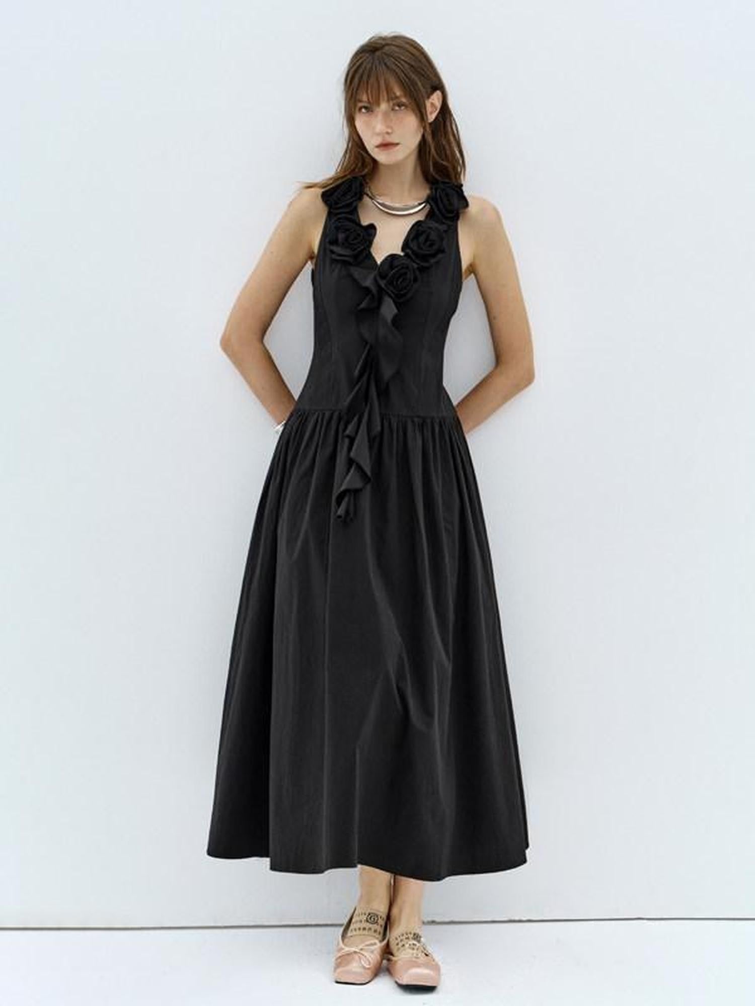 ENDO PER SE Handmade Floral Embroidered Women's Cotton V-neck A Line Slip Maxi Dresses