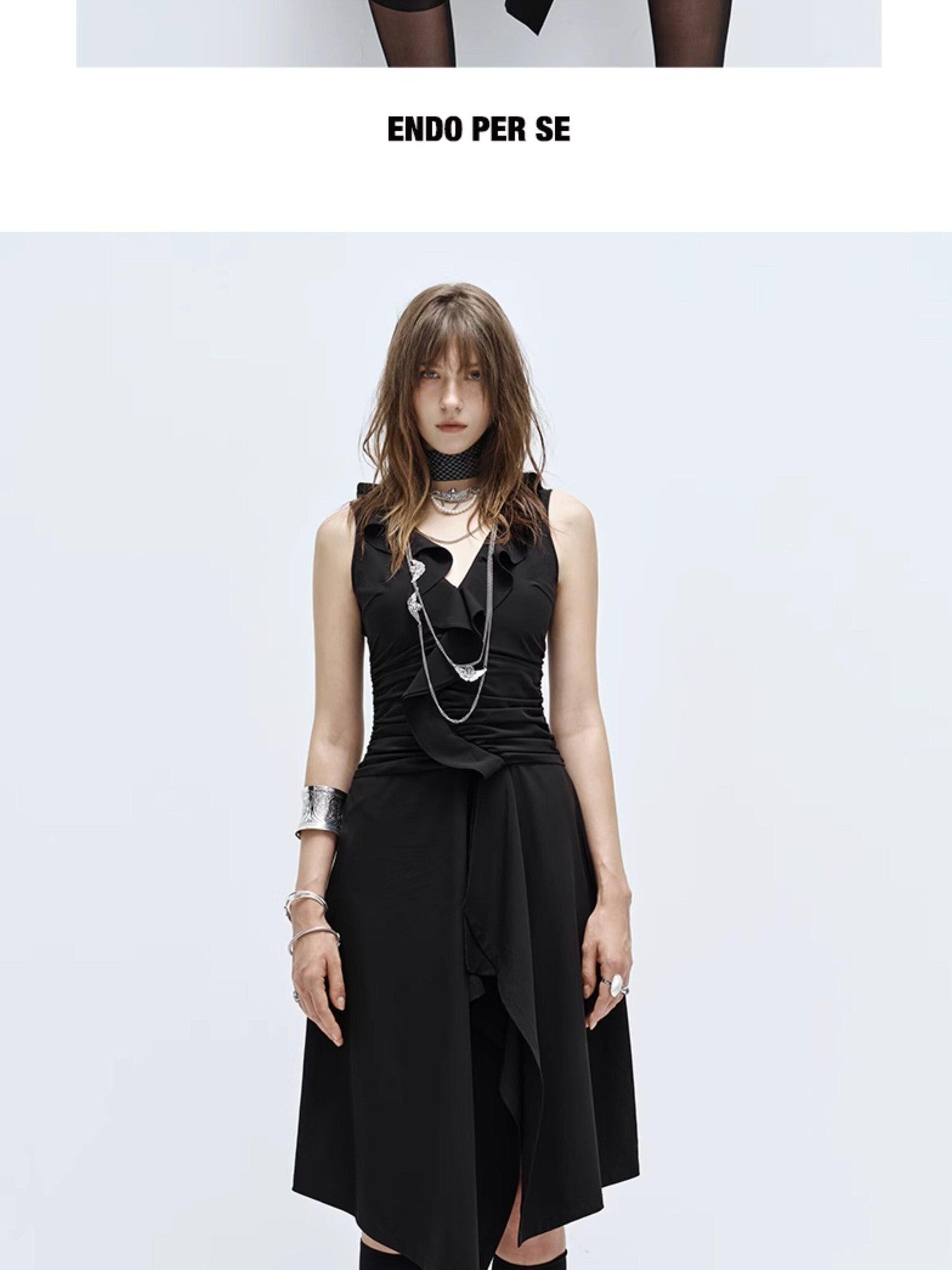 ENDO PER SE High Slit Asymmetrical V-neck Women's Bamboo Fiber Slip Midi Dresses
