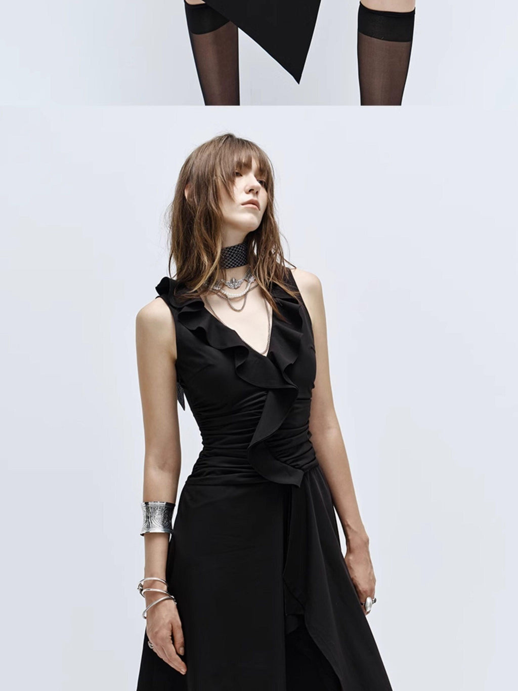 ENDO PER SE High Slit Asymmetrical V-neck Women's Bamboo Fiber Slip Midi Dresses
