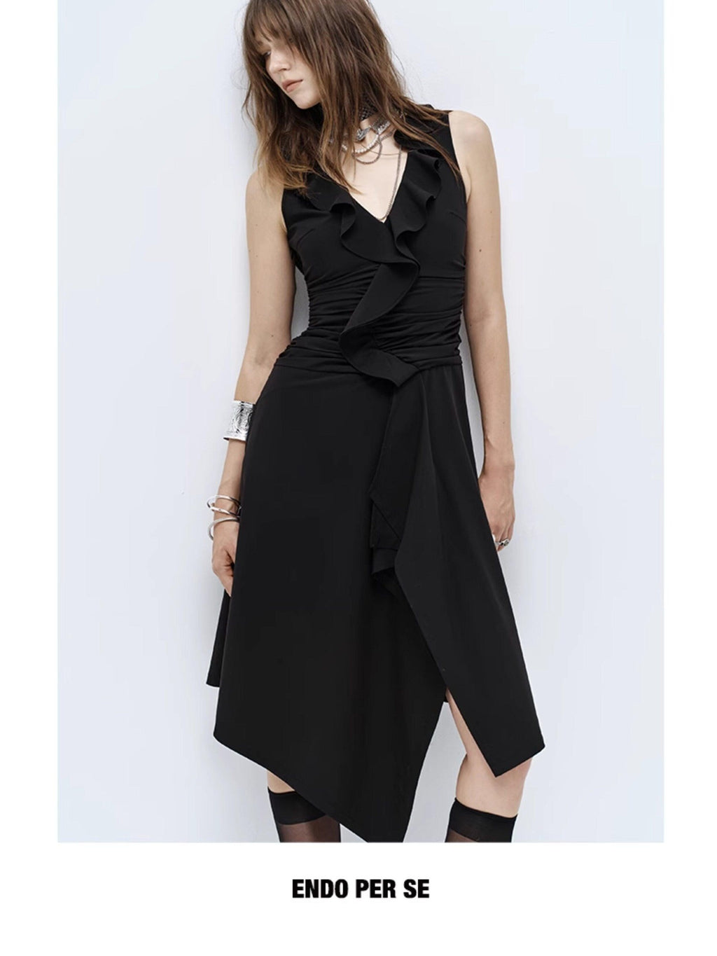 ENDO PER SE High Slit Asymmetrical V-neck Women's Bamboo Fiber Slip Midi Dresses