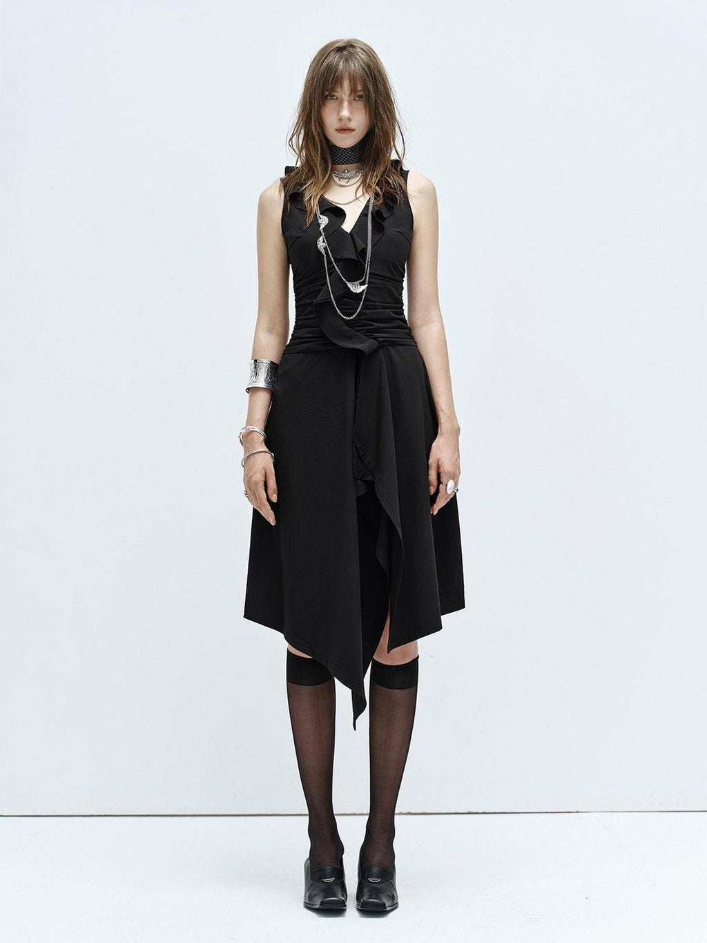 ENDO PER SE High Slit Asymmetrical V-neck Women's Bamboo Fiber Slip Midi Dresses