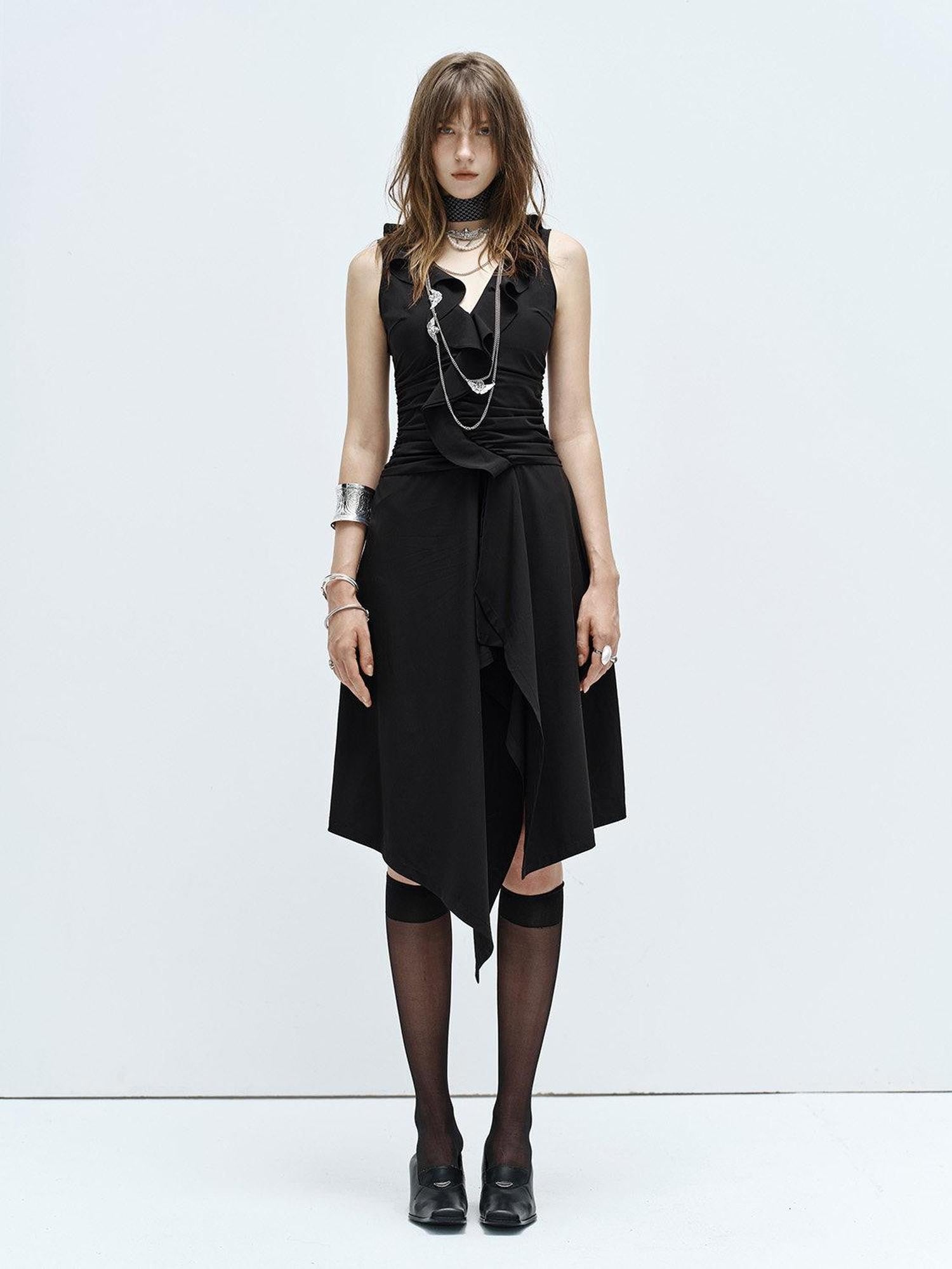 ENDO PER SE High Slit Asymmetrical V-neck Women's Bamboo Fiber Slip Midi Dresses