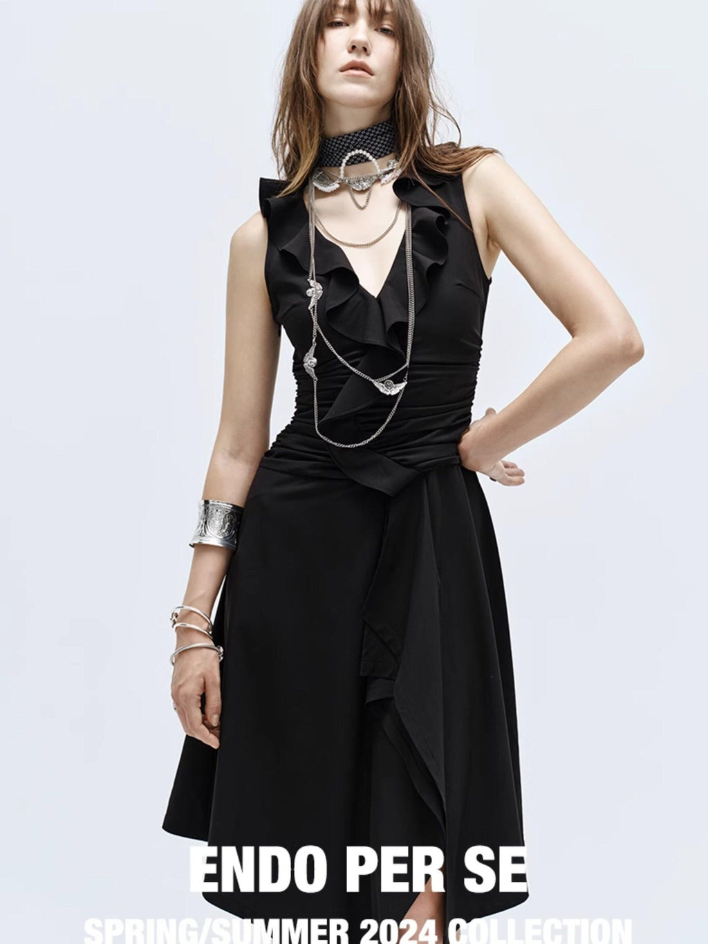 ENDO PER SE High Slit Asymmetrical V-neck Women's Bamboo Fiber Slip Midi Dresses