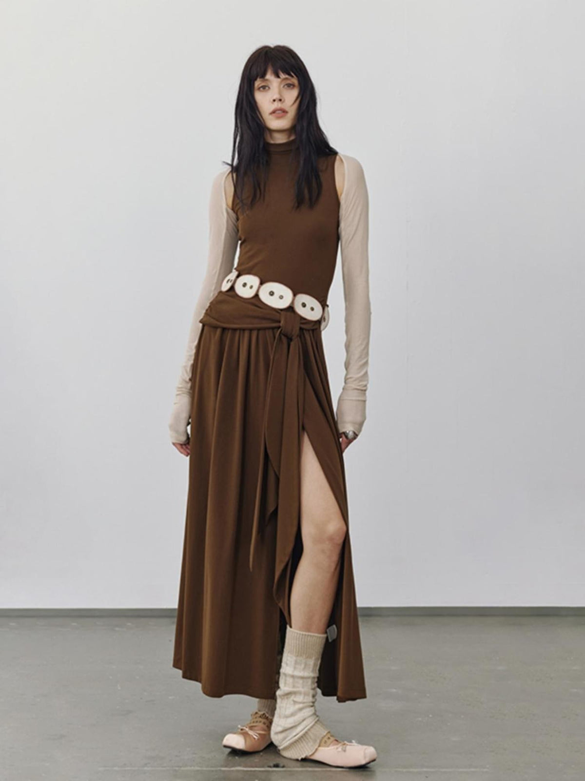 ENDO PER SE High Slit Long Sleeve U Neck A Line Cotton Women's Casual Maxi Dresses