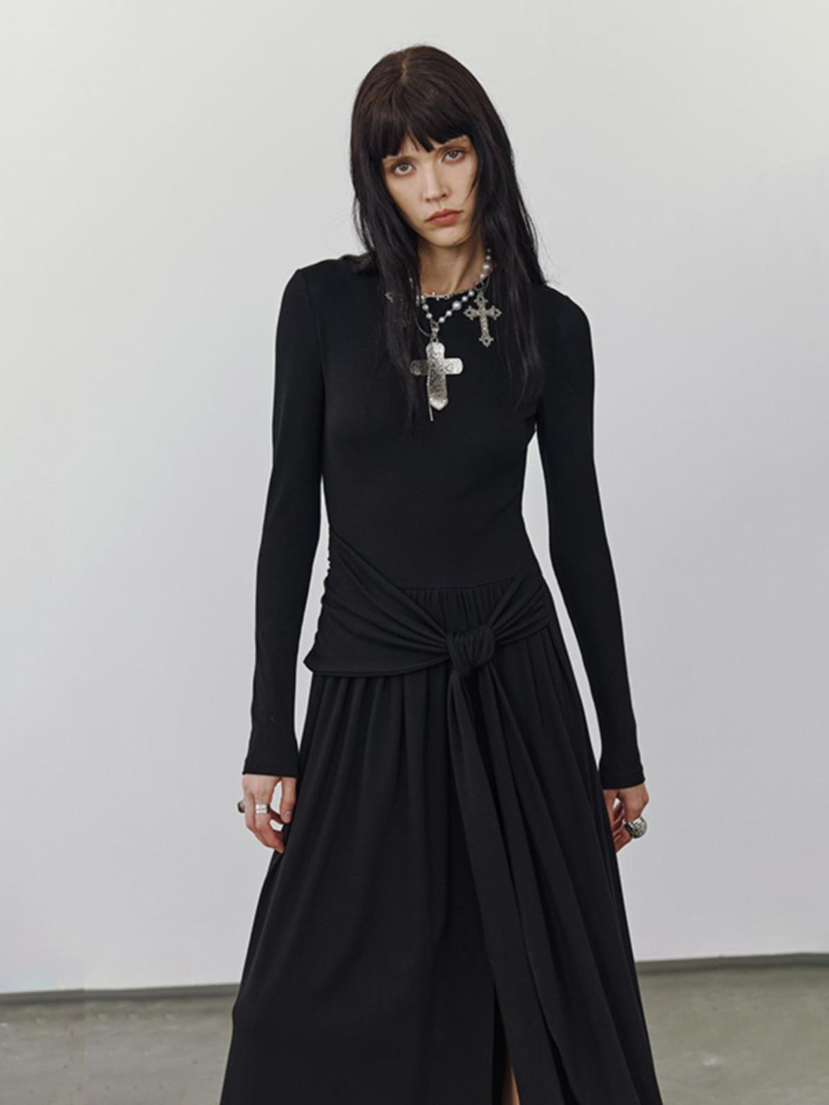 ENDO PER SE High Slit Long Sleeve U Neck A Line Cotton Women's Casual Maxi Dresses