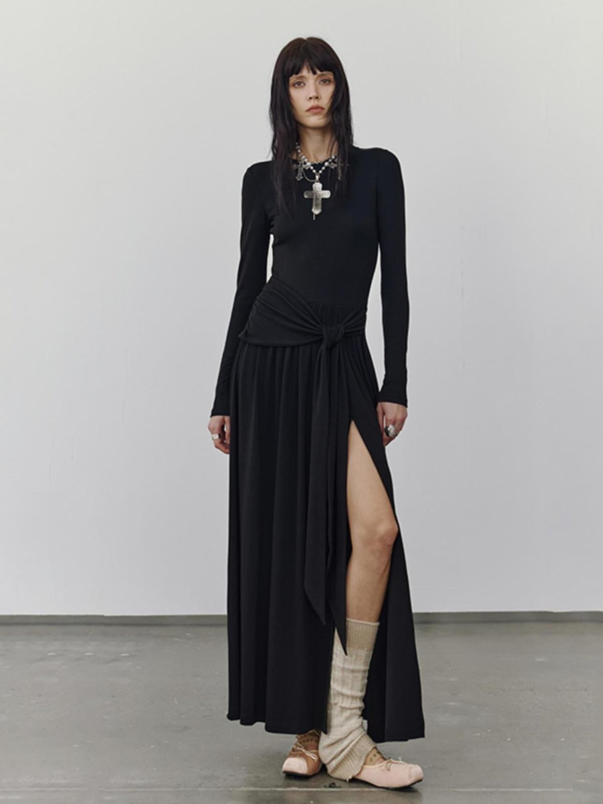 ENDO PER SE High Slit Long Sleeve U Neck A Line Cotton Women's Casual Maxi Dresses