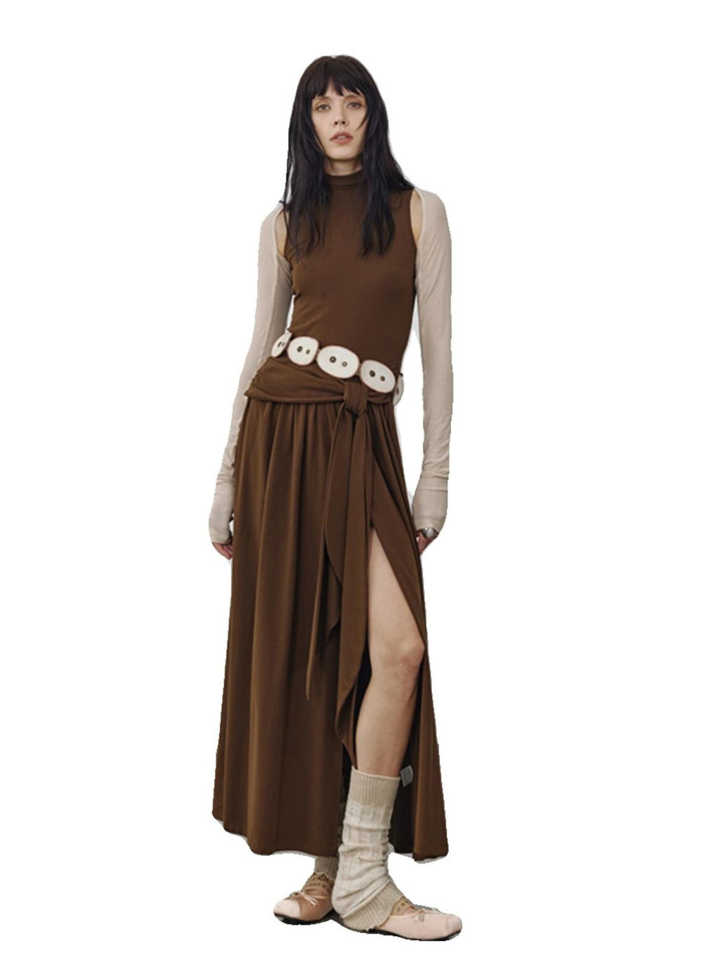 ENDO PER SE High Slit Long Sleeve U Neck A Line Cotton Women's Casual Maxi Dresses
