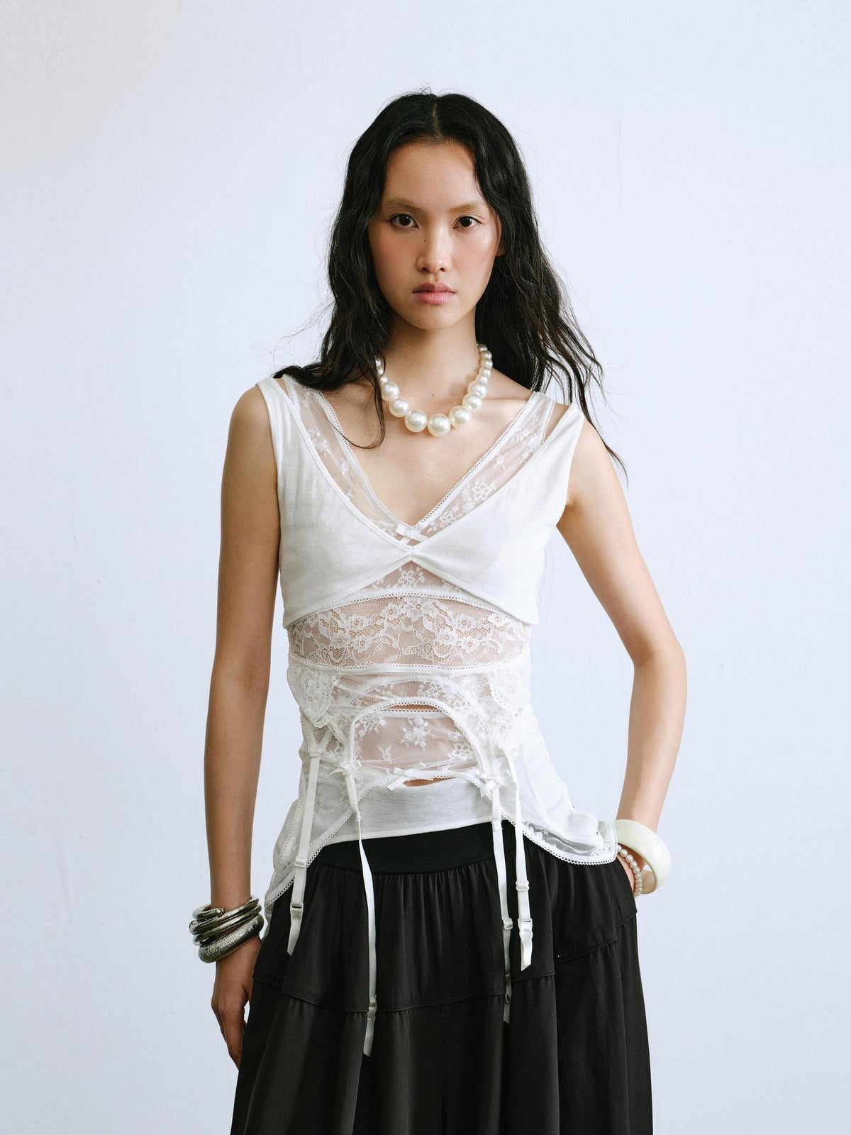 ENDO PER SE Hollow Out Lace Fitted V-neck Women's Lace Cotton Tank Tops