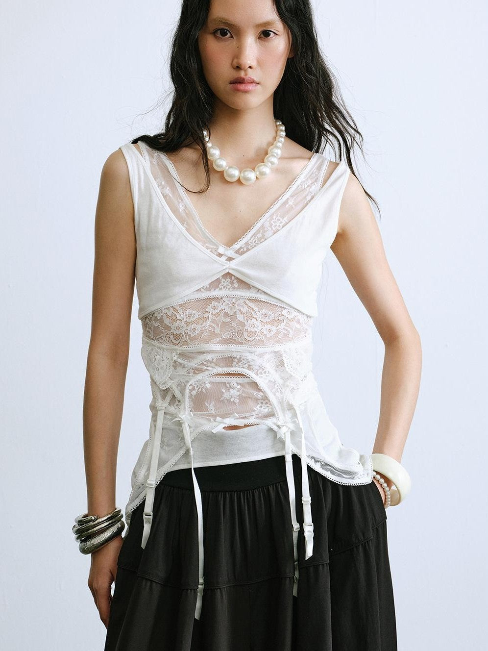 ENDO PER SE Hollow Out Lace Fitted V-neck Women's Lace Cotton Tank Tops