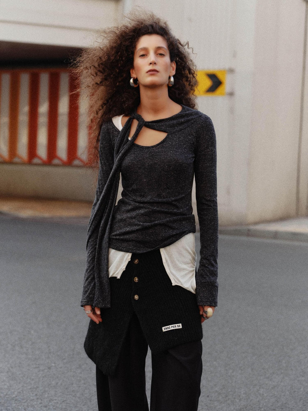 ENDO PER SE Knotted Asymmetric Neck Vintage Knit Women's Polyester Long Sleeve T-shirts