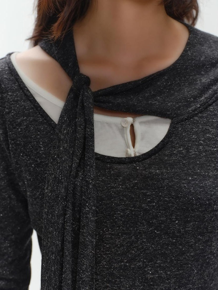 ENDO PER SE Knotted Asymmetric Neck Vintage Knit Women's Polyester Long Sleeve T-shirts