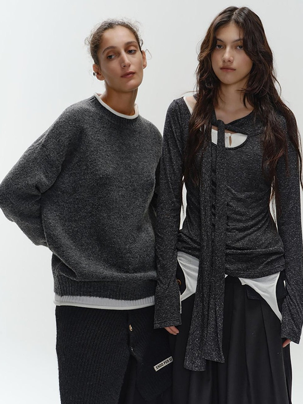 ENDO PER SE Knotted Asymmetric Neck Vintage Knit Women's Polyester Long Sleeve T-shirts