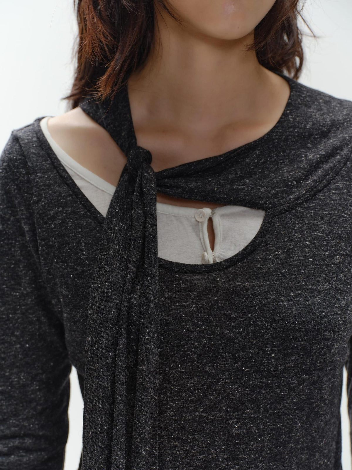 ENDO PER SE Knotted Asymmetric Neck Vintage Knit Women's Polyester Long Sleeve T-shirts