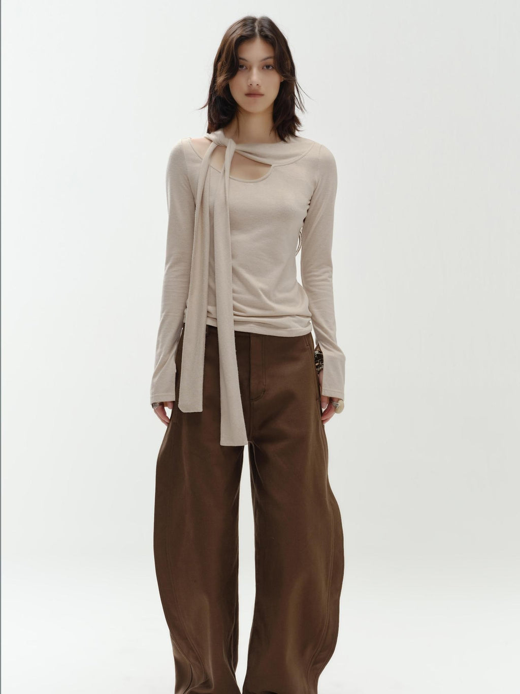 ENDO PER SE Knotted Asymmetric Neck Vintage Knit Women's Polyester Long Sleeve T-shirts