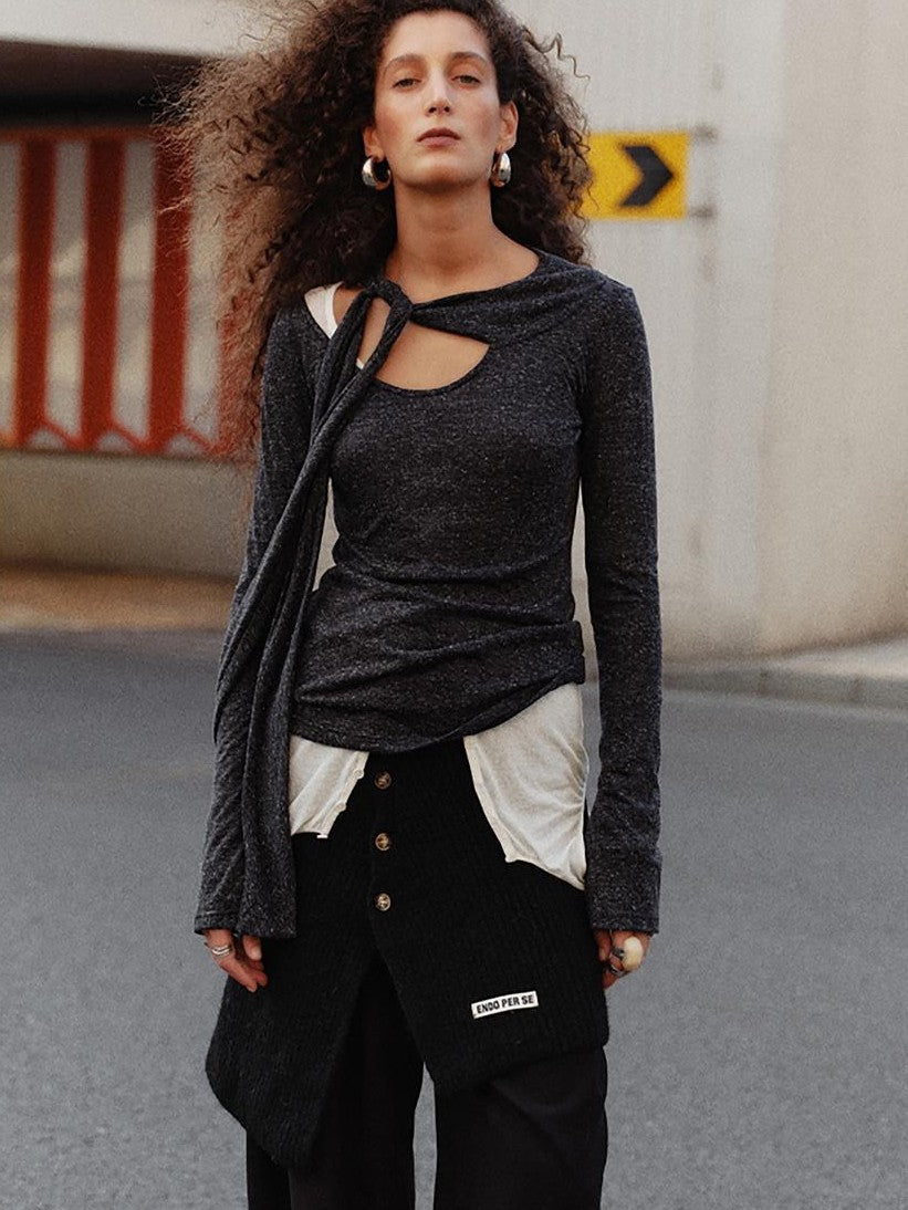 ENDO PER SE Knotted Asymmetric Neck Vintage Knit Women's Polyester Long Sleeve T-shirts