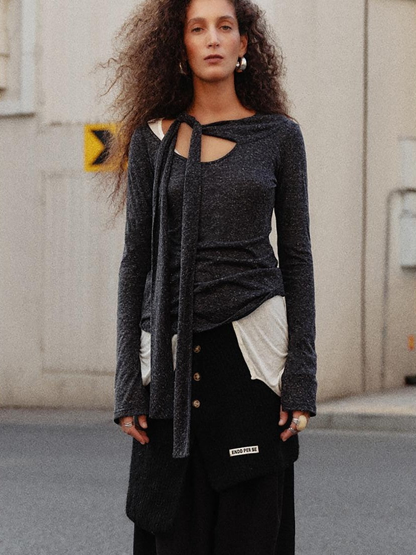 ENDO PER SE Knotted Asymmetric Neck Vintage Knit Women's Polyester Long Sleeve T-shirts