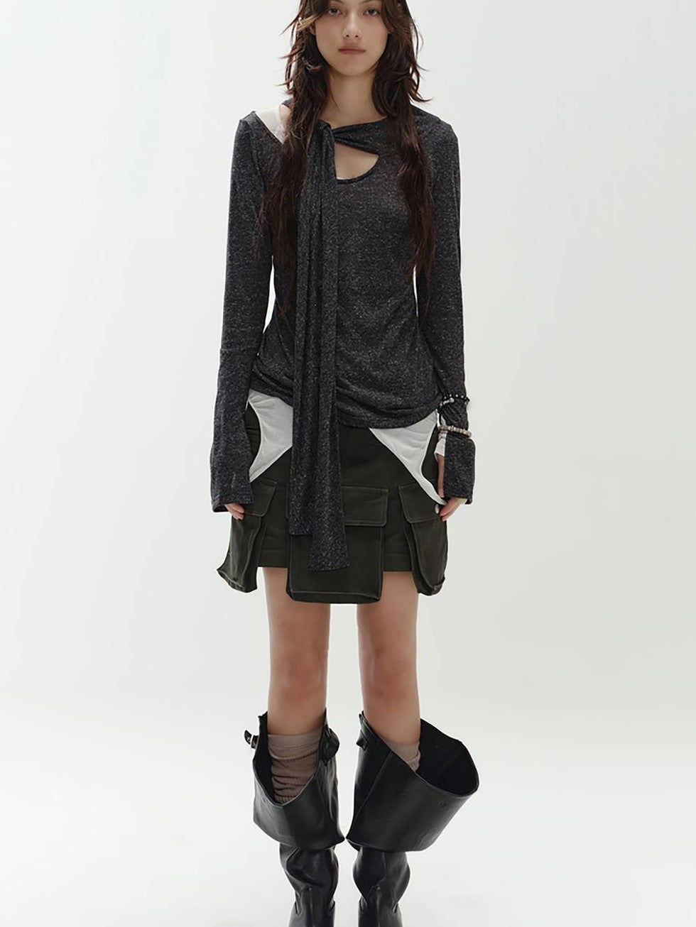 ENDO PER SE Knotted Asymmetric Neck Vintage Knit Women's Polyester Long Sleeve T-shirts