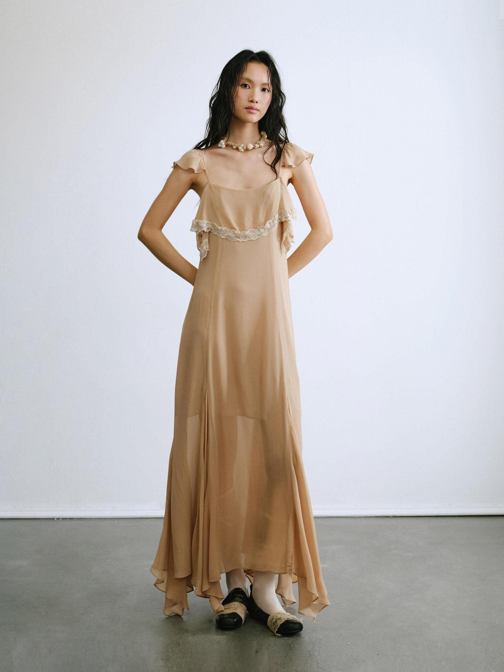ENDO PER SE Lace Flutter Sleeve Ruffle Asymmetrical Women's Cellulose Slip Maxi Dresses
