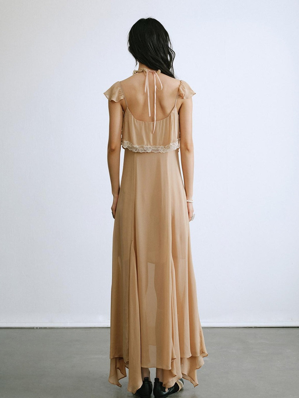 ENDO PER SE Lace Flutter Sleeve Ruffle Asymmetrical Women's Cellulose Slip Maxi Dresses