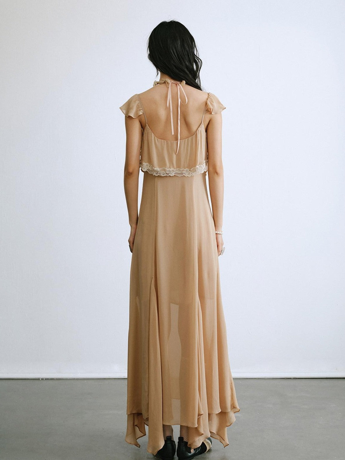 ENDO PER SE Lace Flutter Sleeve Ruffle Asymmetrical Women's Cellulose Slip Maxi Dresses